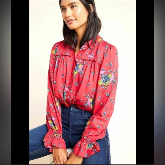 Anthropologie Tops - Anthropologie Maeve Fredericka Bird Floral Top Red Sz 0 Cottagecore Grandmacore
